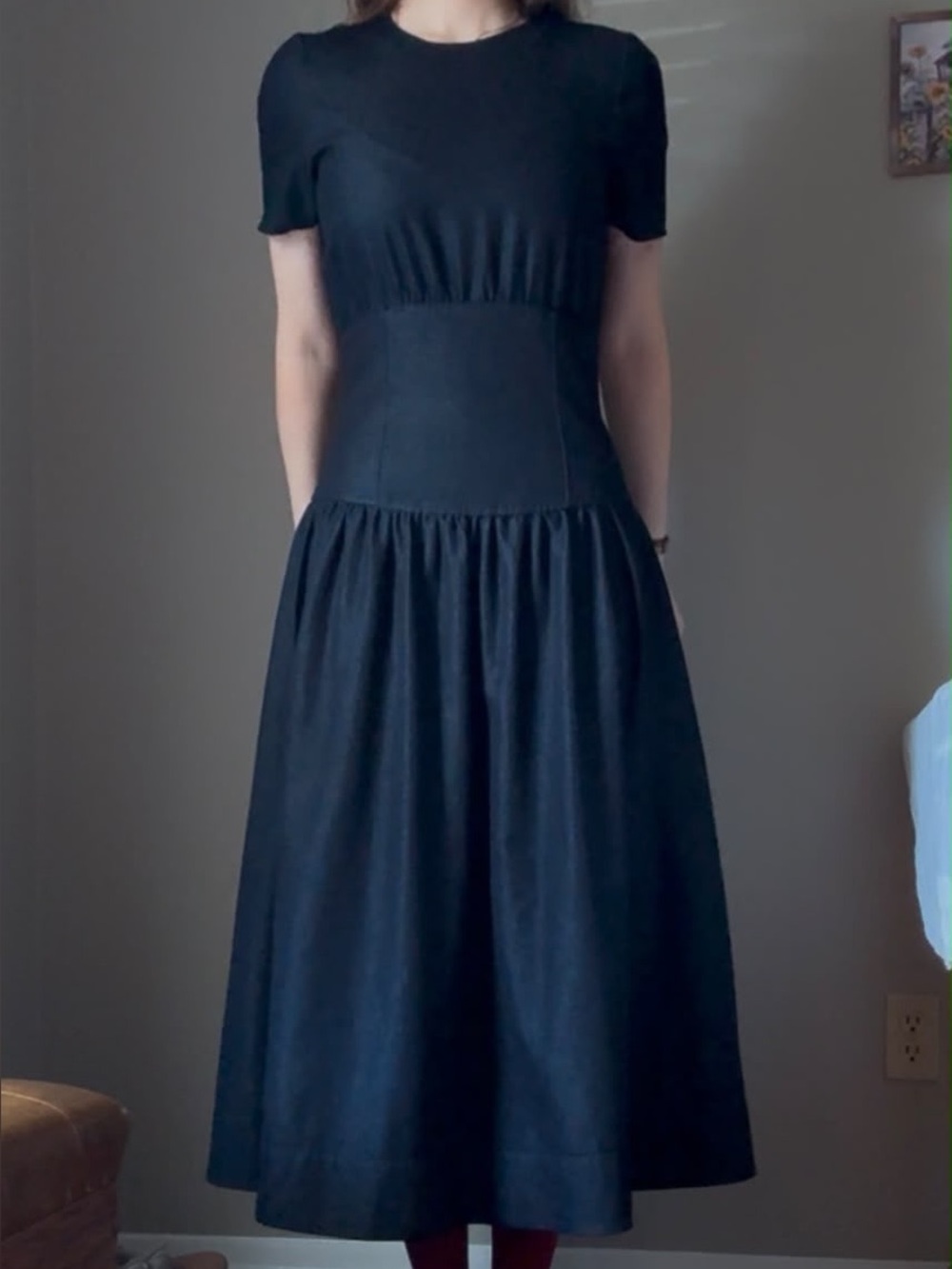 Zara Denim Short-Sleeve Maxi Dress with Fitted Waist.